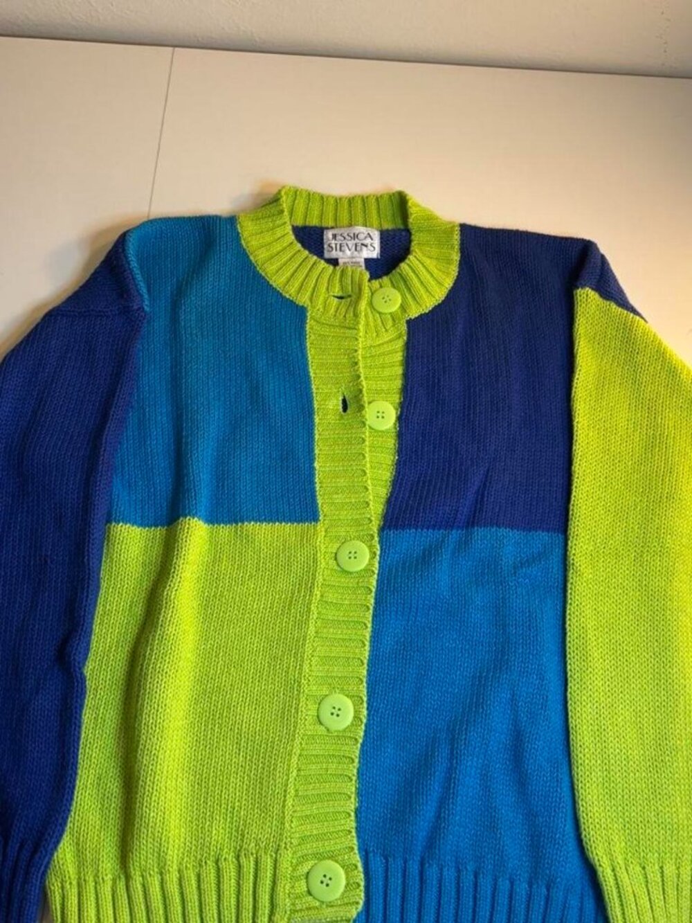 Jessica Stevens blue and lime green color-blocked cardigan